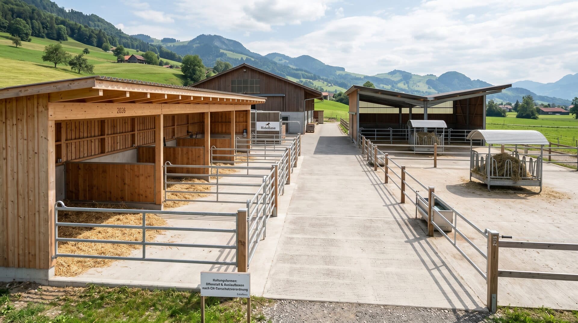 Moderner Schweizer Offenstall mit Auslaufboxen und Heuraufen vor Bergpanorama, Ratgeber zur Stallvermietung
